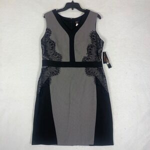 ILE New York Women Black Lace Trim V Neck Sheath Dress Size 12